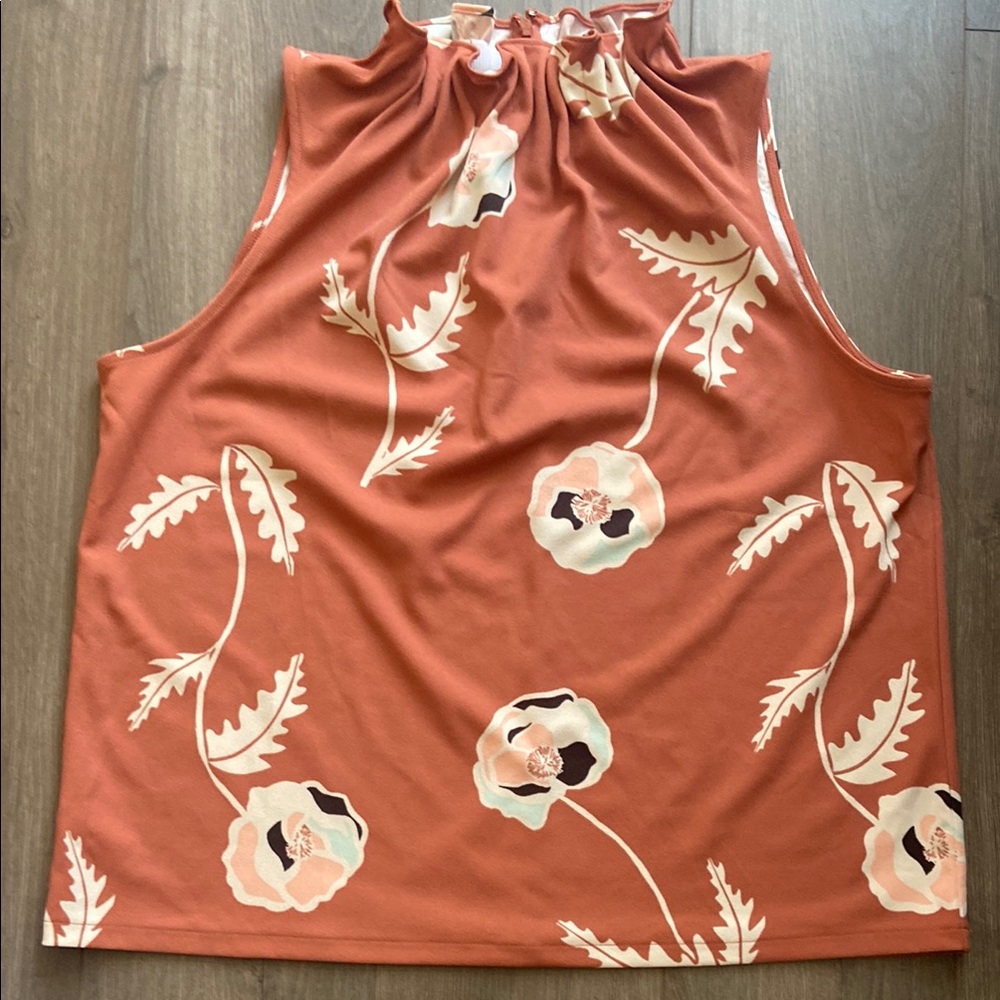 FLORAL RUCHED NECKLINE SLEEVELESS TOP BURNT ORANGE